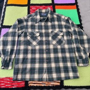 Pendleton Wool Board Shirt Green Blue Cream Plaid Pattern Large